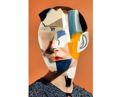 K&C Art (Glasschilderij) 60x90cm | Abstract portret vrouw - mens - gezicht - oranje - blauw - zwart - beige - wit - kunst | Woonkamer - slaapkamer - hal - kantoor | Foto schilderij print op acrylglas - wanddecoratie - muurdecoratie - wall art