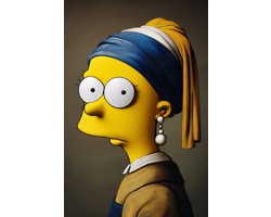 K&C Art (Glasschilderij) 60x90cm | Meisje met de parel in The Simpsons stijl - portret - grappig - humor - modern - kunst | Woonkamer - slaapkamer - hal - kantoor | Foto schilderij print op acrylglas - wanddecoratie - muurdecoratie - wall art