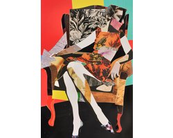 K&C Art (Glasschilderij) 60x90cm | Vrouw op stoel in papier collage stijl - Picasso stijl - abstract - modern - kunst | Woonkamer - slaapkamer - hal - kantoor | Foto schilderij print op acrylglas - wanddecoratie - muurdecoratie - wall art