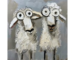 K&C Art (Glasschilderij) 80x80cm | Grappige gekke schapen - dier - wit - grijs - bruin - zwart - beige - modern - kunst | Woonkamer - slaapkamer - hal - kantoor | Foto schilderij print op acrylglas - wanddecoratie - muurdecoratie - wall art