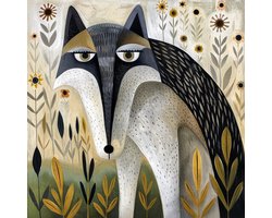 K&C Art (Glasschilderij) 80x80cm | Wolf in de natuur - Dier - Abstract - Groen - Zwart - Wit - Grijs - Bruin - Geel - Kunst | Woonkamer - Slaapkamer - Hal - Kantoor | Foto schilderij print op acrylglas - Wanddecoratie - Muurdecoratie - Wall art