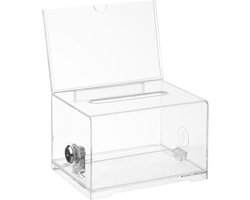 KEJEA K-509 - Inzamelbox met sleutelslot - Collectebus - Fooienpot - Ideeënbus - Spaarpot met slot - Stembus - Donatiebox - Geldkistje met gleuf - Kluisje - Loterijbox - Inzamelingsbus - Met folderhouder - Doorzichtig - Transparant - Volwassenen