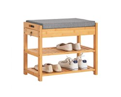 Kelseek Schoenenbank - Schoenenrek - Halbank - Bankje - Met zitkussen - Met 2 planken en een lade - 55x46x30cm - Hout - Grijs