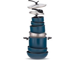 Kelton Pannenset - 16-Delig - Geschikt Voor Alle Warmtebronnen - Anti Aanbaklaag - Stapelbaar - Afneembare Handgrepen - PFAS-Vrij