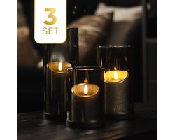 KENN® Industriële Kaarsenhouders - Set van 3 - Smoke/Grijs Glas - Zwarte Metalen Basis - Windlichthouders - Kandelaars voor Stompkaarsen - Kaarshouders - Luxe Uitstraling - Voor Binnen & Buiten - Voor LED Kaarsen & Echte Kaarsen - Waxinelichthouders