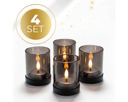KENN® Industriële Waxinelichthouders - Set van 4 - Smoke/Grijs Glas - Zwarte Metalen Basis - Theelichthouders - Kaarsenhouders - Luxe Uitstraling - Voor Binnen & Buiten - Lichtermeer - Voor LED Kaarsen & Waxinelichtjes