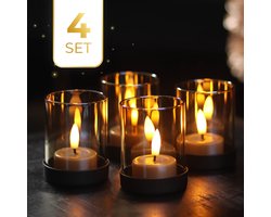 KENN® Industriële Waxinelichthouders - Set van 4 - Zand/Goud Glas - Zwarte Metalen Basis - Theelichthouders - Kaarsenhouders - Luxe Uitstraling - Voor Binnen & Buiten - Lichtermeer - Voor LED Kaarsen & Waxinelichtjes