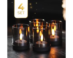 KENN® Lichtermeer - Industriële Waxinelichthouders - Set van 4 - Smoke/Grijs Glas - Zwarte Metalen Basis - Theelichthouders - Waxinelichthouders - Windlicht Set - Kaarsenstandaard - Windlichten Voor Binnen - Windlichten Voor Buiten - Kandelaar