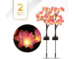 KENN® Tuinverlichting Op Zonne-Energie - Roze Bloemen - Set van 2 - 12+ Branduren - 2 * 12 LED's - Inclusief Grondspiezen - 100% Waterdicht - Solar Bloemen Verlichting - Sfeerverlichting - Buitenverlichting - Tuinfakkel - Tuinlantaarn - Vuurvliegjes