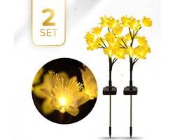 KENN® Tuinverlichting op Zonne-energie – Set van 2 – Geel – Tot 12 Branduren – Inclusief Grondspiezen – IP65 Waterdicht – Solar Tuinverlichting Bloemen – Buitenverlichting – Padverlichting – LED Tuinlampen - Bloemverlichting op Zonne-energie