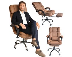 Kenz® - Luxe Bureaustoel - Bruin - met Voetensteun, Hoofdkussen en Massagekussen - 74 x 32,5 x 59 cm - Eco-Leer - Modern - Draaibaar