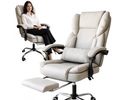 Kenz® - Luxe Bureaustoel met Voetensteun - Beige - tot 150 kg - Verstelbare Rugleuning - Zwenkwielen - Ergonomische Bureaustoel - Crème - Eco-Leer - Modern - Draaibaar