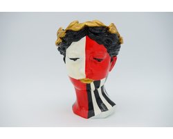 Keramiek Beeld Vaas – Handgeschilderde Buste – Abstract Design in Rood, Zwart, Wit & Goud – 15x24x16 cm – Decoratie voor Woonkamer, Hal of Kantoor