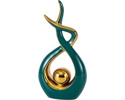 Keramiek Beeldje - Abstract Kunst - Woonkamer Decoratie - Vlam Ontwerp - 32 x 16 cm - Groen Goud