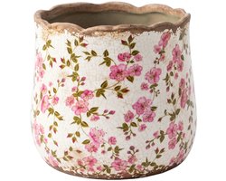 Keramiek Bloempot voor Binnen – Roze Bloemen – Rustieke Pot – Ø 11 cm – Bloemenmotief