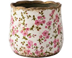 Keramiek Bloempot voor Binnen – Roze Bloemen – Rustieke Pot – Ø 18 cm – Bloemenmotief