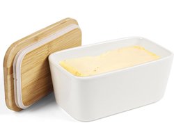 Keramieken botervloot met houten deksel - 250 g opslag - porseleinen boterschaal - multifunctionele boterbox - keuken en eettafel