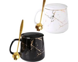 Keramieken koffiekopjes set van 2 stuks 380 ml - Marmer design met lepel en deksel