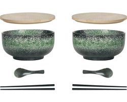 Keramieken Ramen Bowl Set - 8 Stuks inclusief Lepel en Eetstokjes - 1100 ML - Grote Soepkom voor Pho, Sushi en Meer - Groen - Set van 2 Schalen set