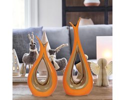 Keramisch Beeld Set - Abstracte Sculptuur - Woonkamer Decoratie - Gegalvaniseerd Spiegel Effect - 8" & 10" Hoog - Oranje
