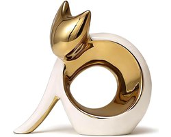 Keramisch Katbeeldje - Katten Sculptuur - Woonkamer Decoratie - Gegalvaniseerde Accenten - 15.5 cm Breed - Wit en Goud