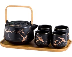 Keramisch Theeservies - Japanse Stijl - Elegante Theepot en 4 Kopjes - Marmeren Patronen - Zwart - Houten Dienblad