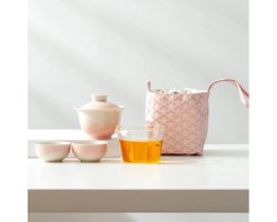 Keramisch Theeservies - Reisset Mokken - Thee Zetten - Inclusief Stoffen Tas - Compact Formaat - Roze Gradiënt