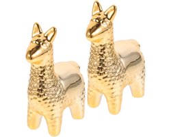 Keramische Alpaca Beeldjes - Miniatuur Dierenfiguren - Boekenplank Decoratie - Stijlvolle Gouden Afwerking - 9 x 6 x 4 cm