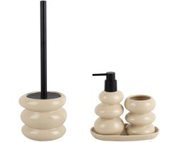 Keramische Badset - Badkameraccessoires - Zeepdispenser - Toiletborstel - Tandenborstelhouder & Tray - Beige - 4 Stuks - Stoneware - Matte Afwerking