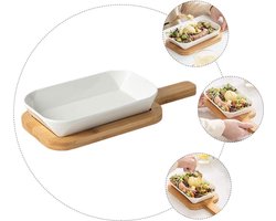 Keramische bakvorm rechthoekige ovenschaal hittebestendige bakvorm met houten bodem ovenschaal lasagnepan om te koken