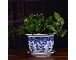Keramische Bloempot - Chinese Plantenbak - Planten Decoratie - Handbeschilderd Porselein - 24 x 16cm - Blauw Wit