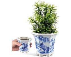 Keramische Bloempot - Porseleinen Pot - Kamerplanten Verzorgen - Vochtregulatie - 9 cm - Blauw-Wit