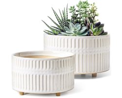 Keramische Bloempotten Set van 2 – Moderne Ronde Plantenpotten met Afvoergat – 16,5 + 20 cm – Witte Reactieve Glazuur Afwerking – Binnenpotten voor Vetplanten en Kamerplanten – Cadeau voor Moeder