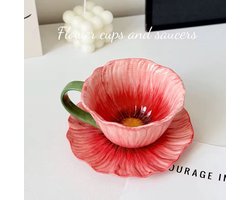 Keramische Bloemvormige Kop & Schotel – Handgemaakt - 250 ml - Rood