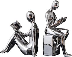 Keramische Boekensteunen - Leesfiguur Decoratie - Boeken Organiseren - Abstract Beeldje Ontwerp - 2 Stuks - Zilver