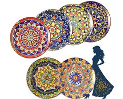 Keramische borden, set van 6 - 22,1 cm Boheemse porseleinen borden voor het serveren van dessert, voorgerecht en salade - Magnetron- en vaatwasmachinebestendig - Perfect voor feestjes