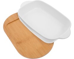Keramische Braadslee - Ovenschaal Bakplaat - Gerechten Bereiden - Met Houten Basis - 23.4 x 14 x 4.5 cm - Wit