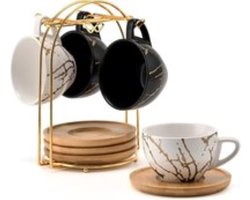 Keramische cappuccino kopjes set van 4, 220ml stapelbare cappuccino mokken en schotel met metalen standaard voor koffieliefhebber, cappuccino, latte, amerikano en thee - zwart en wit