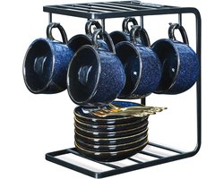 Keramische Espresso Koffiekopjes Set van 6 - 4 Oz Porselein met Schotels, Lepels en Metalen Stand