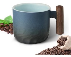 Keramische espressokopjes met houten handvat, retro handgemaakte geglazuurde koffiemok - set van 2