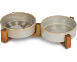Keramische hondenbakset met poten - langzame voerbak & waterbak voor middelgrote honden - antislip - pootdesign - grijze set