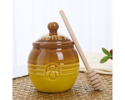 Keramische honingpot met lepel - Bruine honingpot met standaard, prachtige bijendecoratie - Rustieke keukendecoratie