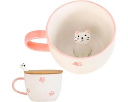 Keramische kattenmok met deksel en lepel | Grappige geschenken voor vrouwen | 3D-koffiemok | Cappuccino mok | Kerstcadeau voor beste vriendin