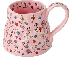 Keramische koffiemok - met groot handvat - 600 ml - Theemok met bloemenprint - Geschikt voor vrouwen, Moederdagcadeau, origineel onregelmatig ontwerp, extra grote mok, Valentijnsdagcadeau