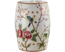 Keramische Kruk - Oosterse Poef - Decoratief Accent - Handgeschilderd Bloem-Vogel - 46 x 28 cm - Multicolor