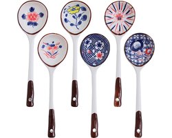 Keramische Lepels Set – 6 stuks Japanse Lange Lepels – Comfortabele Handgreep Keukenbestek, Geschikt voor Ramen, Wonton en Miso Soep – Elegante Keuze voor Noedels en Dumplings