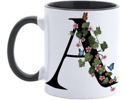 Keramische Mok - Kopje met Letter - Warme Dranken - Bloemen en Vlinders - 300ml - Wit met Zwart