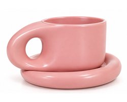 Keramische mok met schotel - koffie mok / thee mok - keramiek - 280 ml - Roze