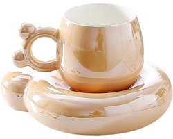 Keramische Mok met Schotel - Kopje en Schoteltje - Koffie Drinken - Uniek Schattig Design - 330 ml - Geel