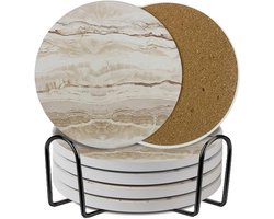 Keramische onderzetters set - Marmertextuur - Inclusief standaard - 6 onderzetters - Zeer absorberend - Kurken onderkant - Geschikt voor kopjes, bartafels en als decoratie voor salontafels - Marmertextuur